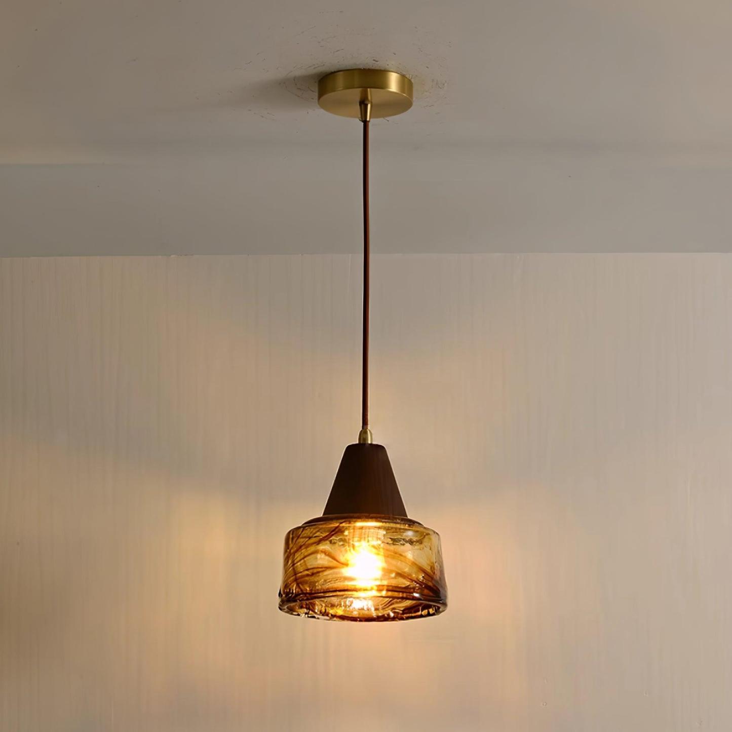 Hailie Vintage Round Wood Glass Pendant Light Dining Room Bedroom