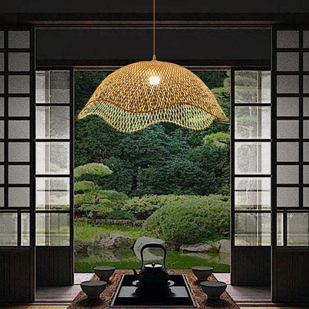 Muto Woven Wicker Pendant Light over a tea ceremony.