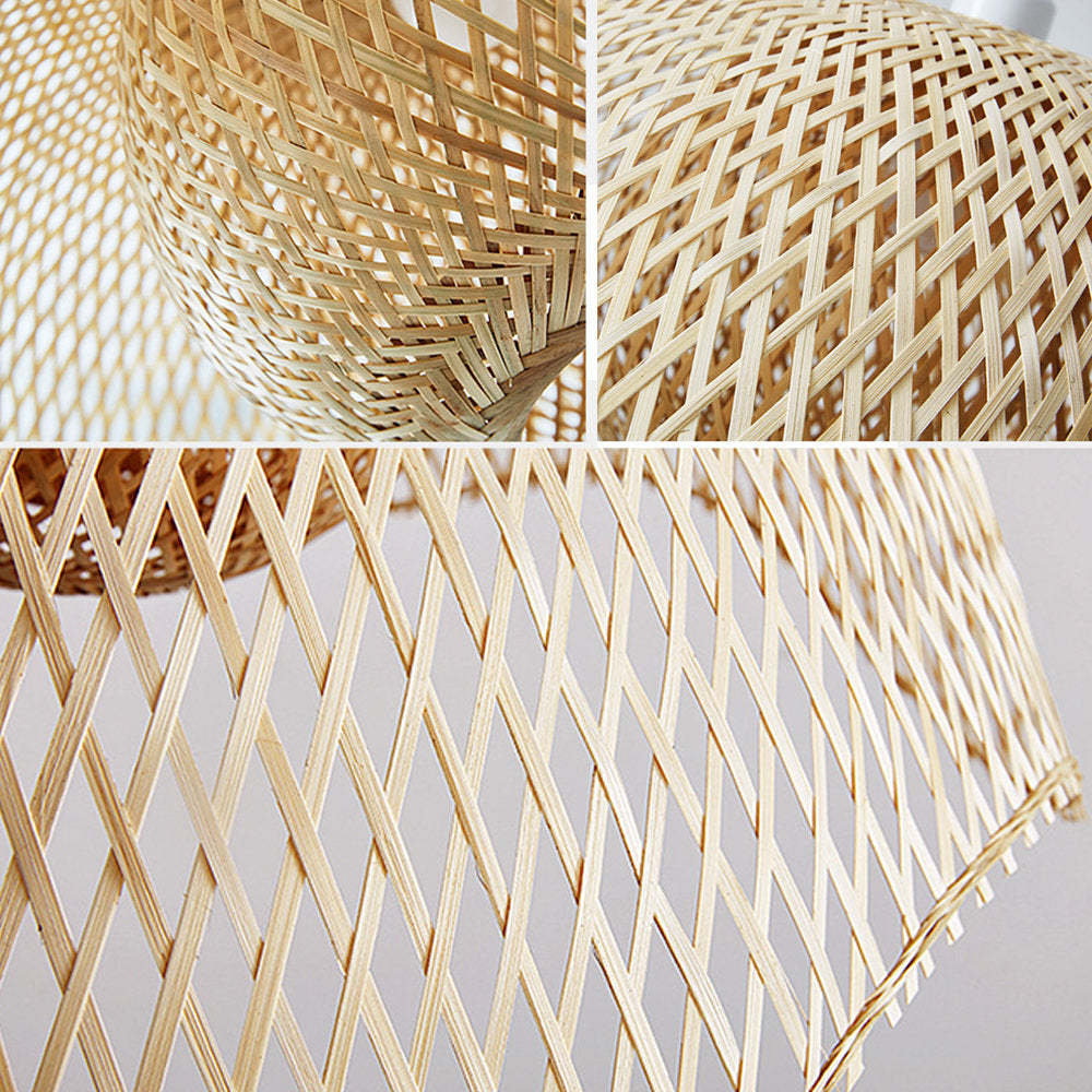 Detailed view of a woven bamboo pendant light's texture