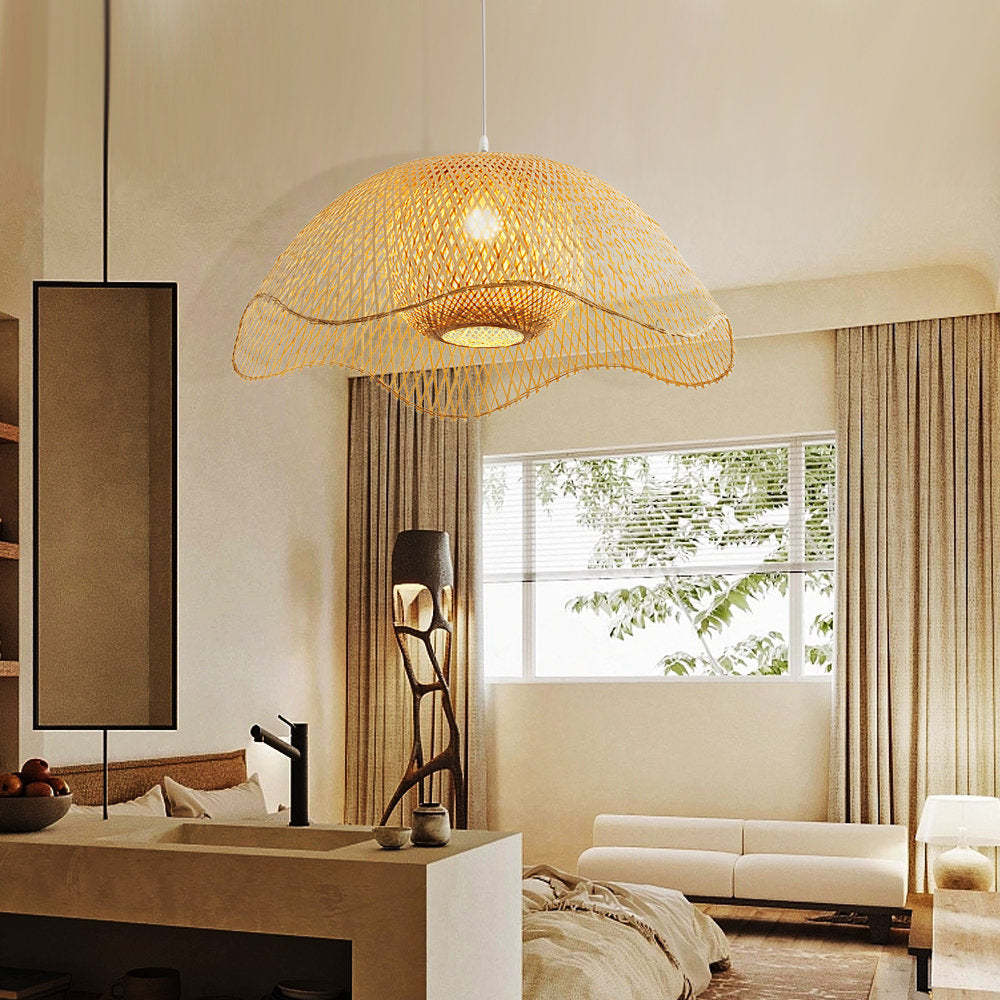 Muto Woven Wicker Pendant Light in a modern bedroom