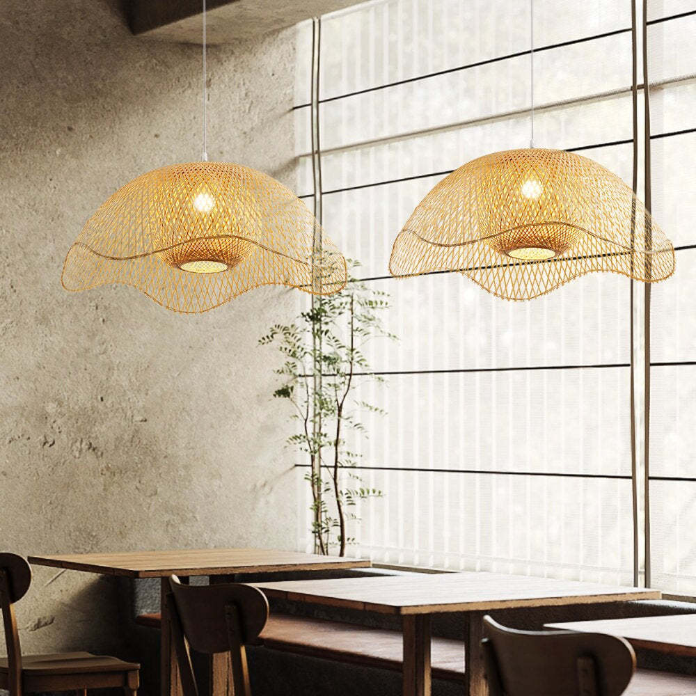 Woven wicker pendant lights in a cafe setting