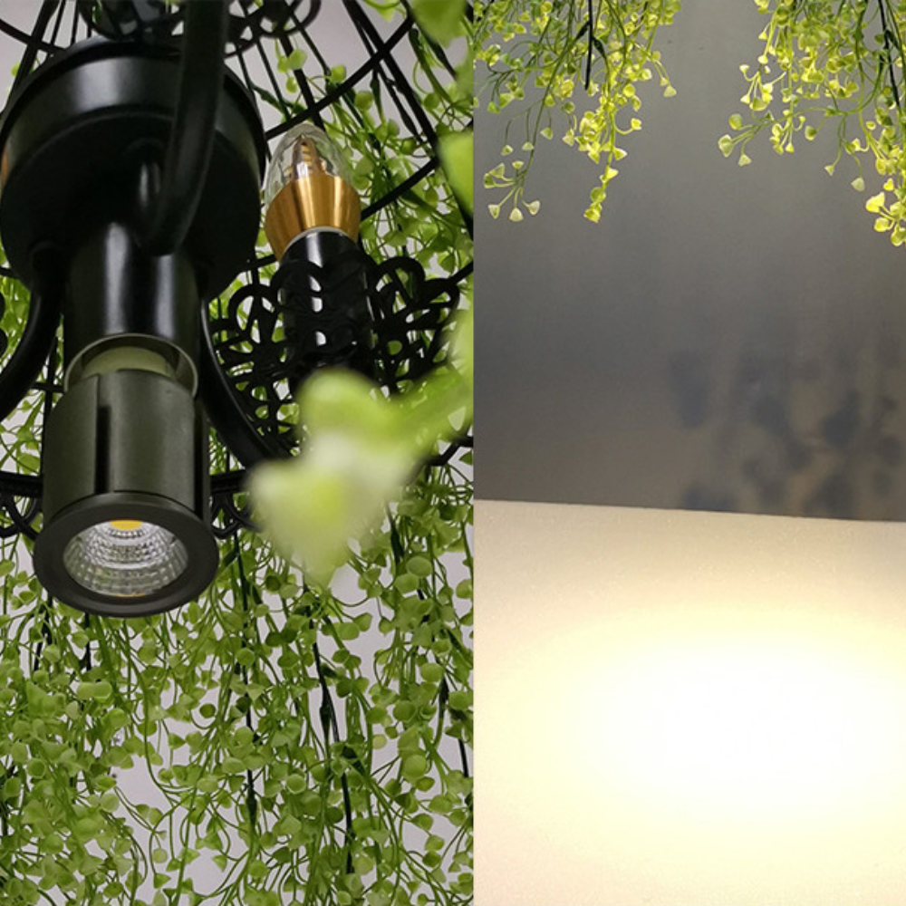 Vireo Industrial Chandelier with Green Foliage Detail