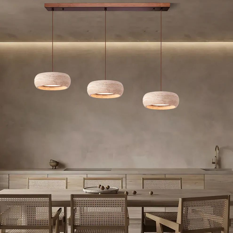 Ozawa Travertine Drum Pendant Lights over dining table