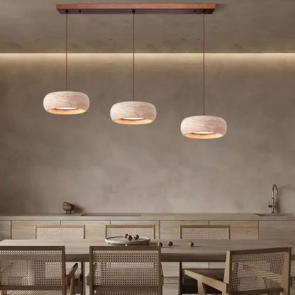 Ozawa Travertine Drum Pendant Lights over dining table