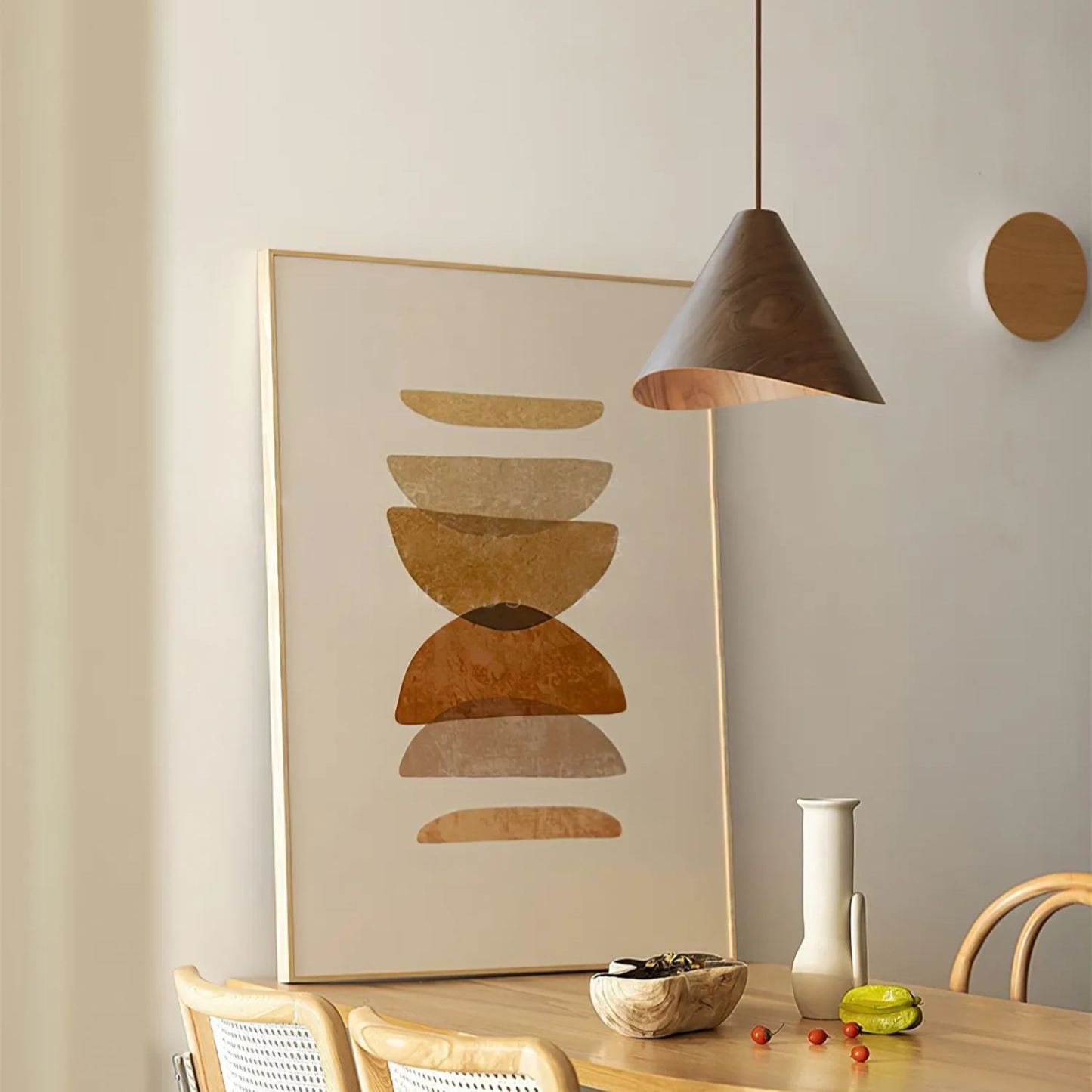Muto Conica Wood Pendant Light over dining table