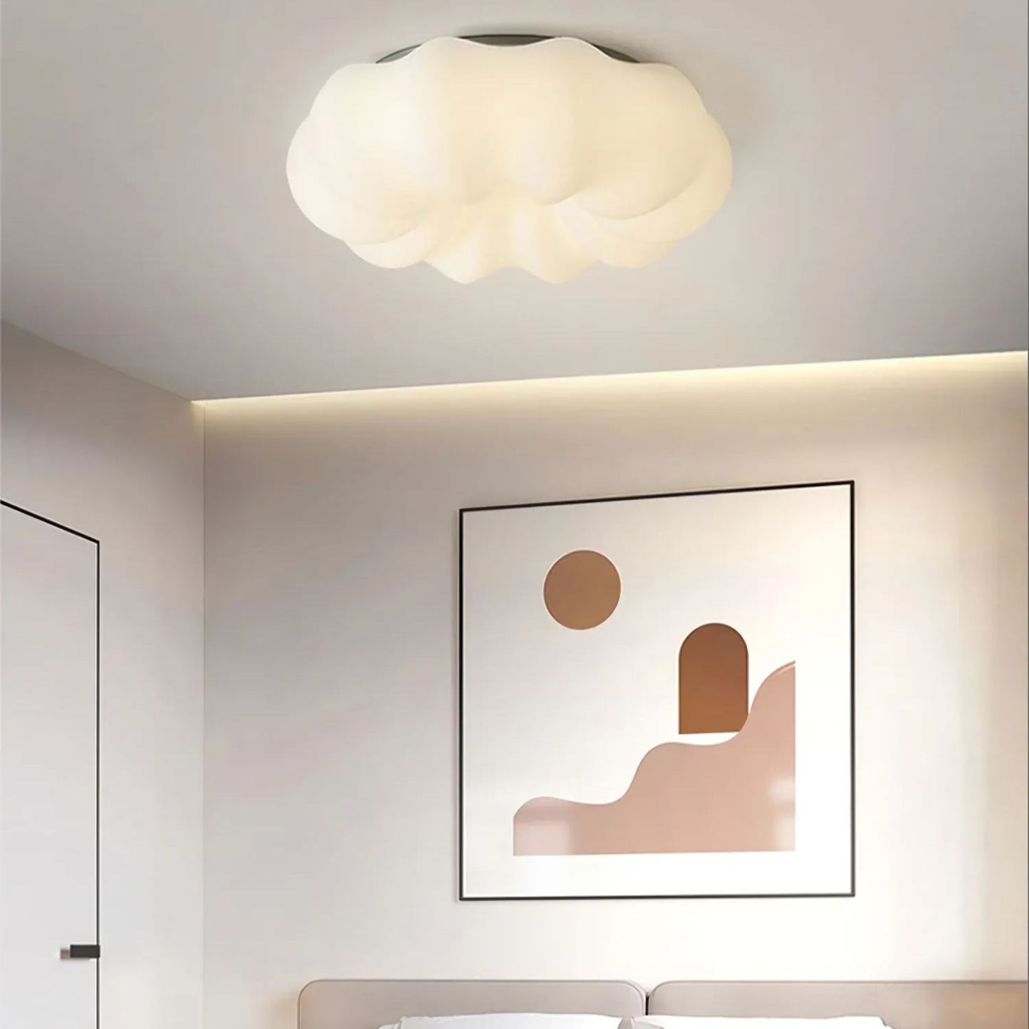 Quinn cloud ceiling lamp in bedroom with art
