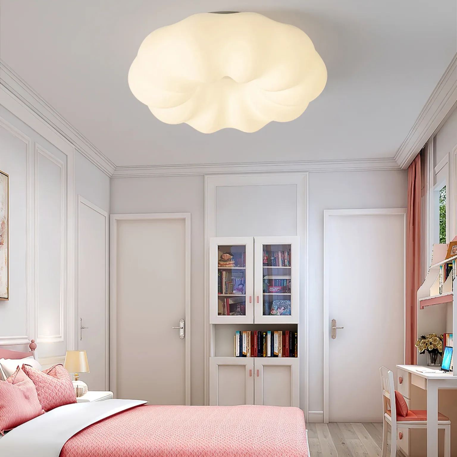 Quinn cloud ceiling lamp illuminating a bedroom