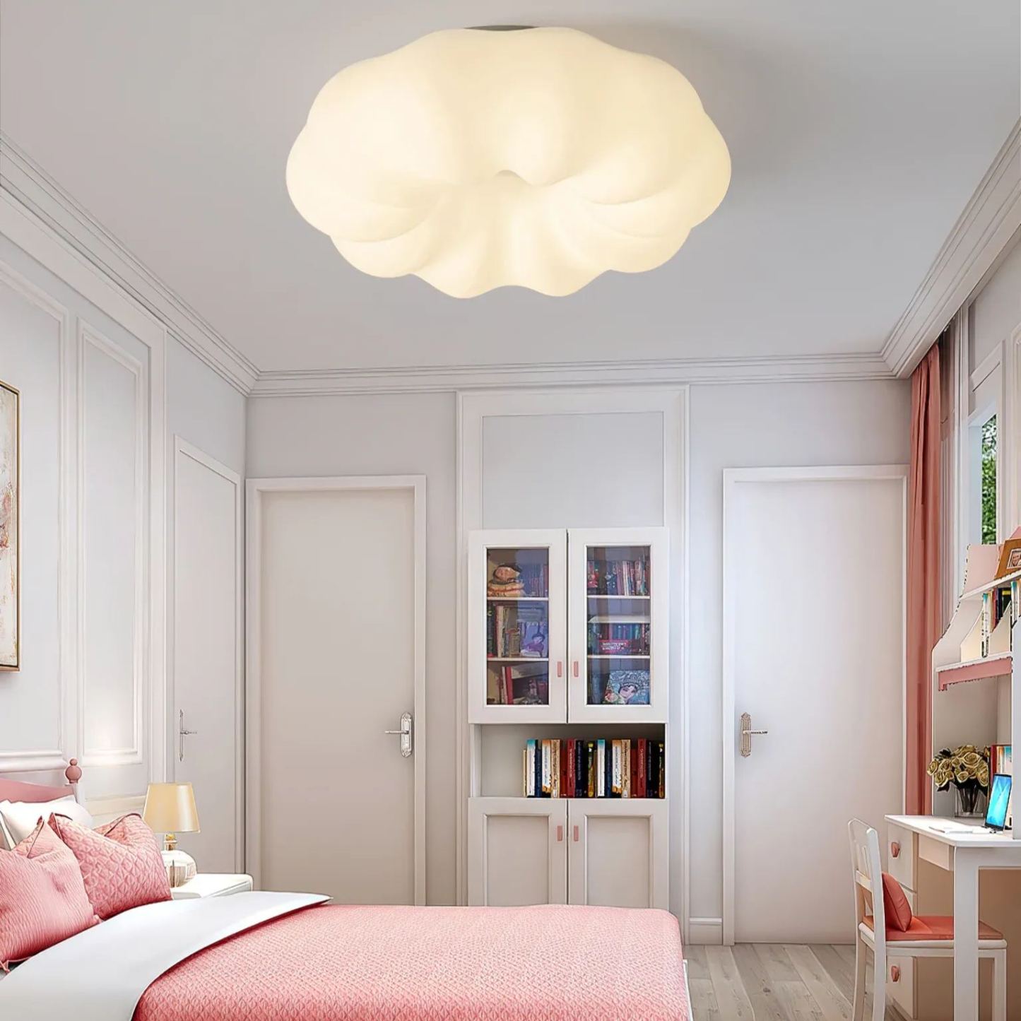 Quinn cloud ceiling lamp illuminating a bedroom