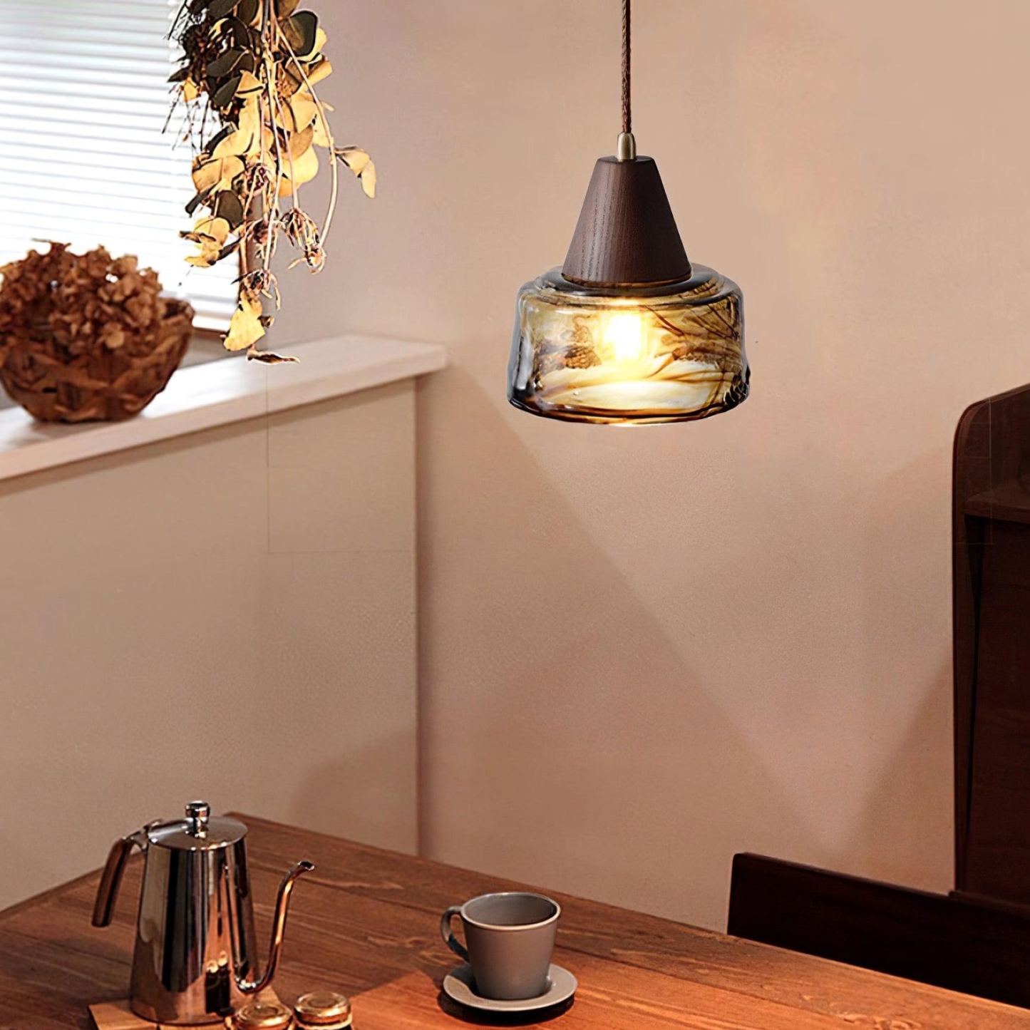 Hailie Vintage Round Wood Glass Pendant Light Dining Room Bedroom