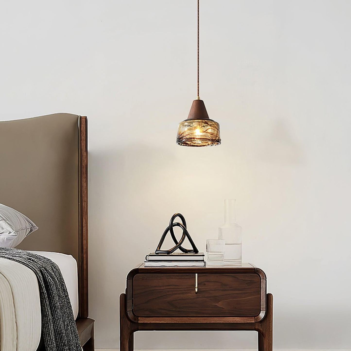 Hailie Vintage Round Wood Glass Pendant Light Dining Room Bedroom