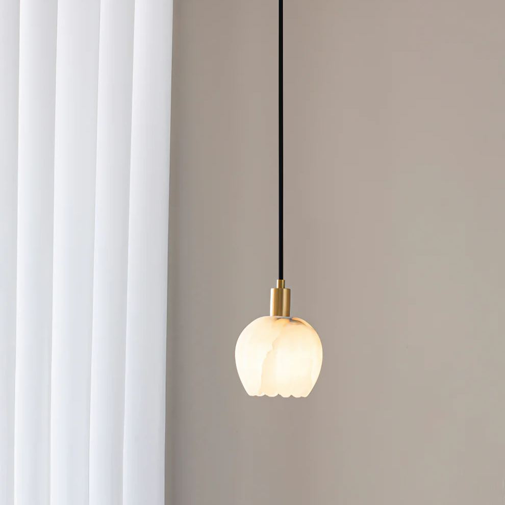 Jade Modern Round Flower Metal Alabaster Pendant Light Bedroom Dining Room