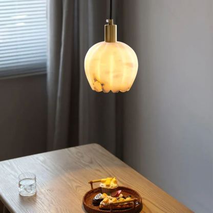 Jade Modern Round Flower Metal Alabaster Pendant Light Bedroom Dining Room