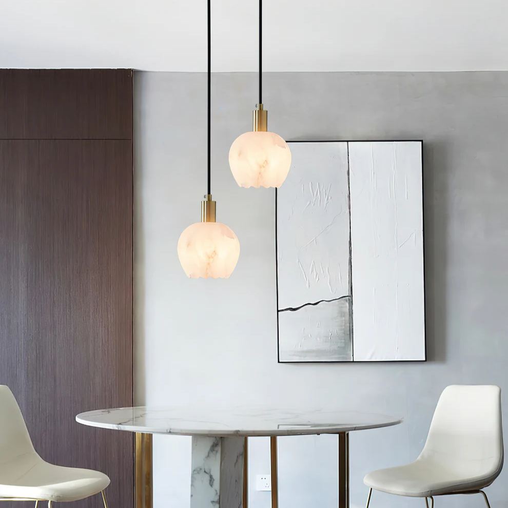Jade Modern Round Flower Metal Alabaster Pendant Light Bedroom Dining Room