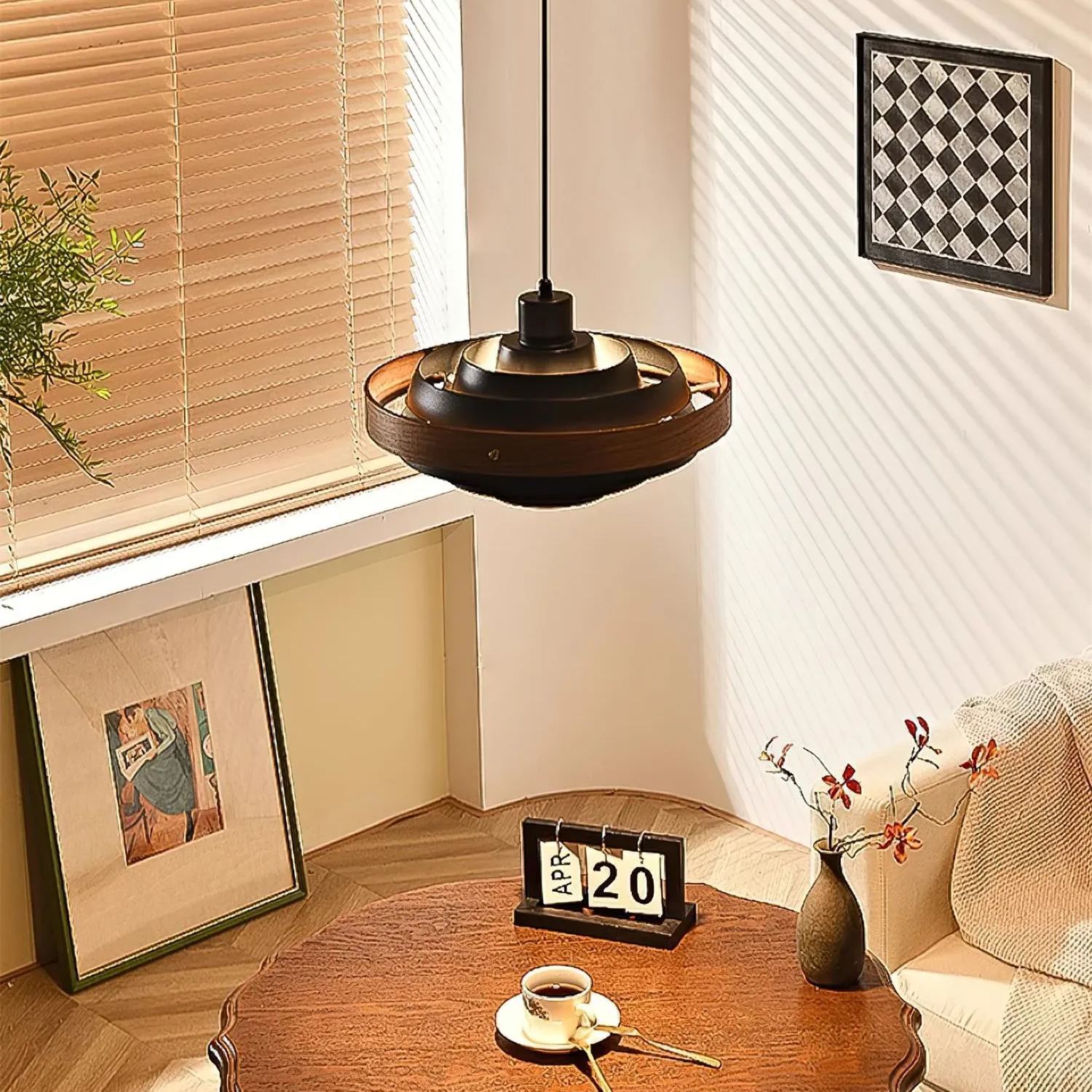 Muto Modern Round Metal Wood Pendant Light Dining Living Room