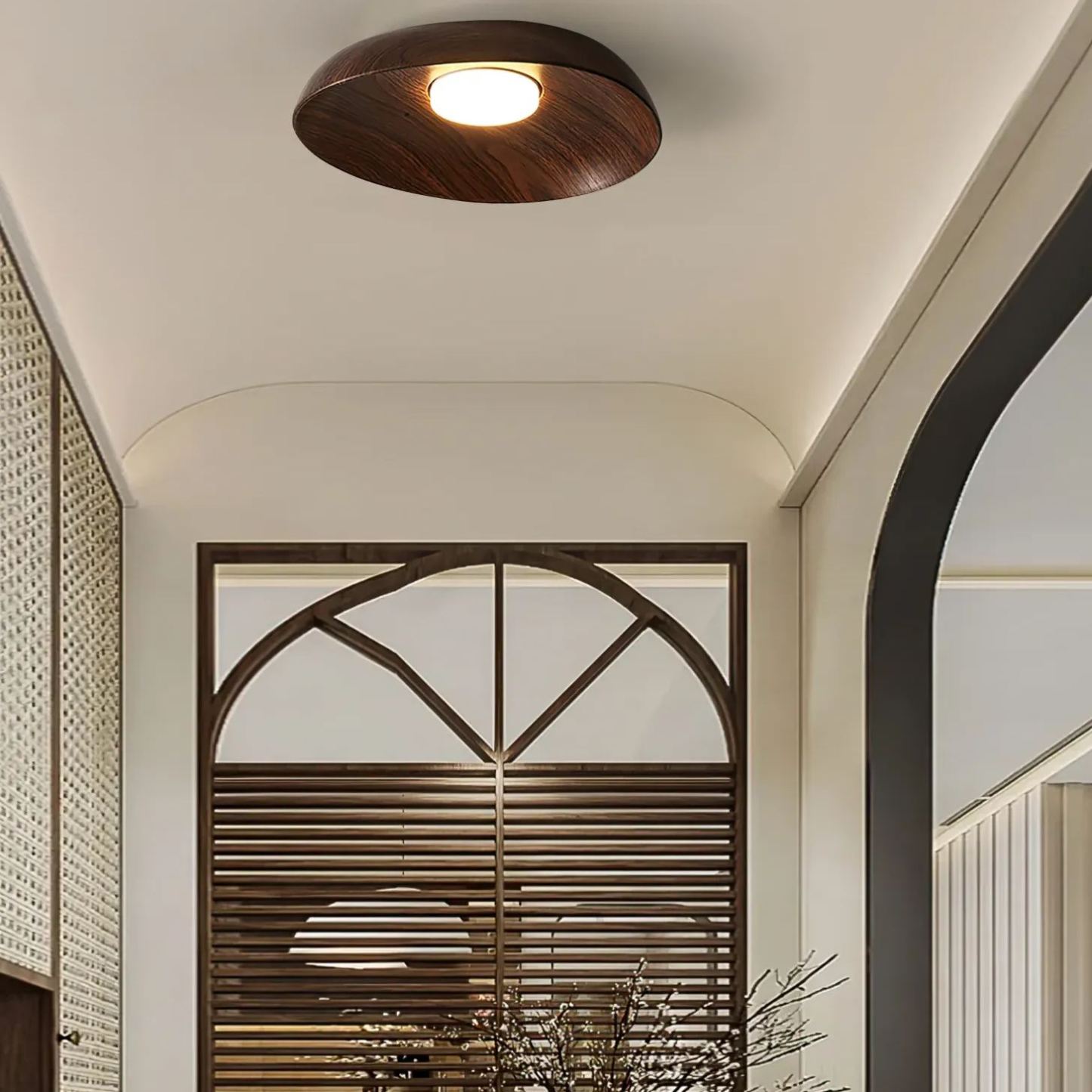 Modern wood ceiling light in contemporary hallway