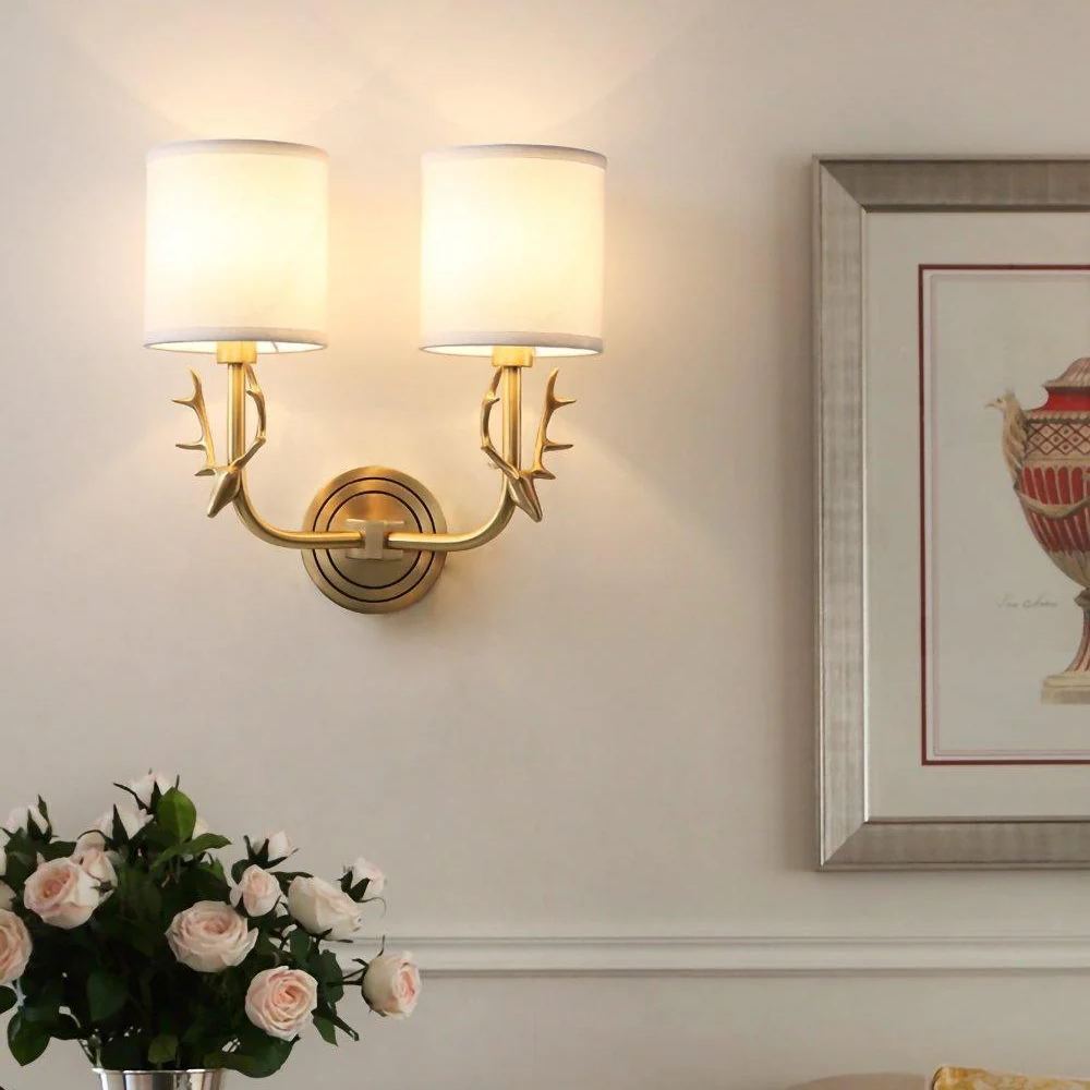 Alessio Vintage Brass Deer Head Fabric Wall Light Bedroom Hallway