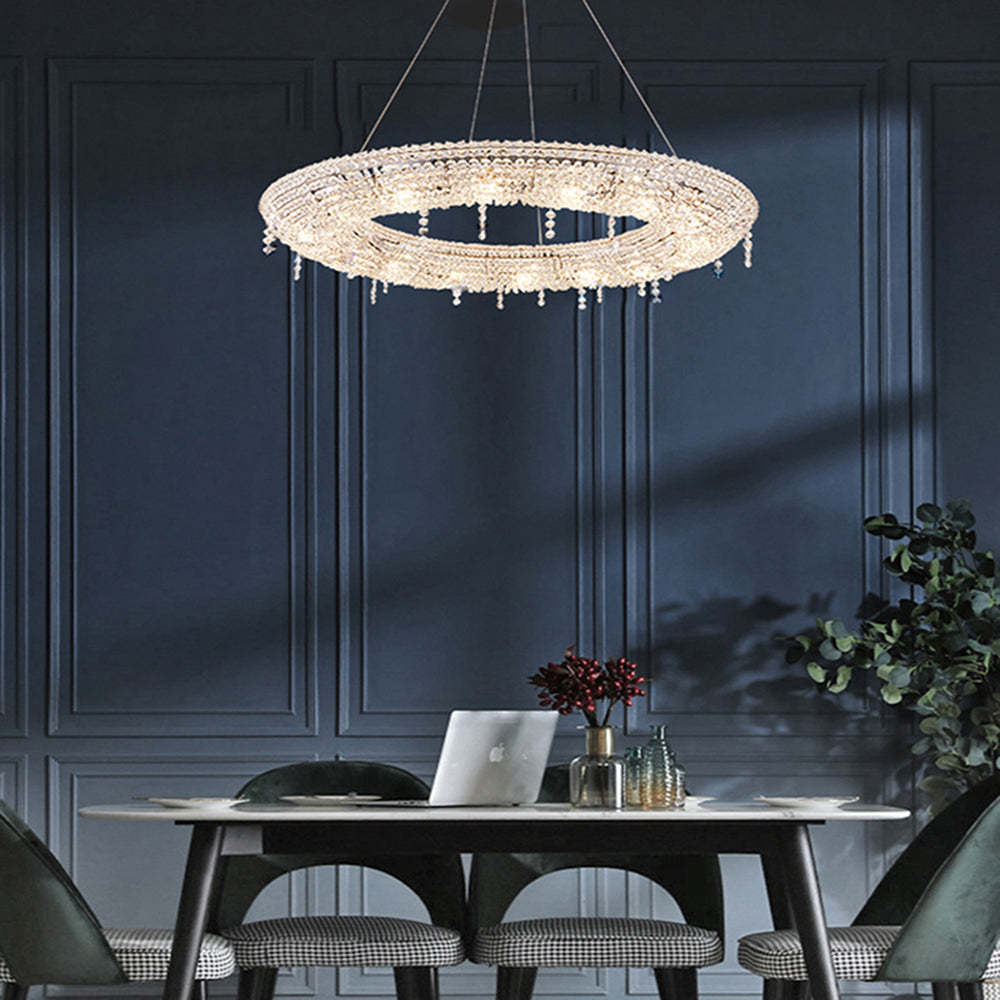 Luxury crystal pendant light over a dining table