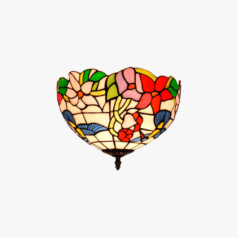 Eryn Rustic Flush Mount Ceiling Light with colorful floral glass