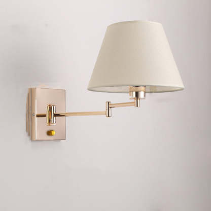 Brady fabric wall lamp with adjustable gold arm.