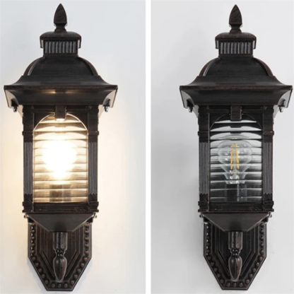 Brady vintage outdoor wall lamp, lit and unlit view.