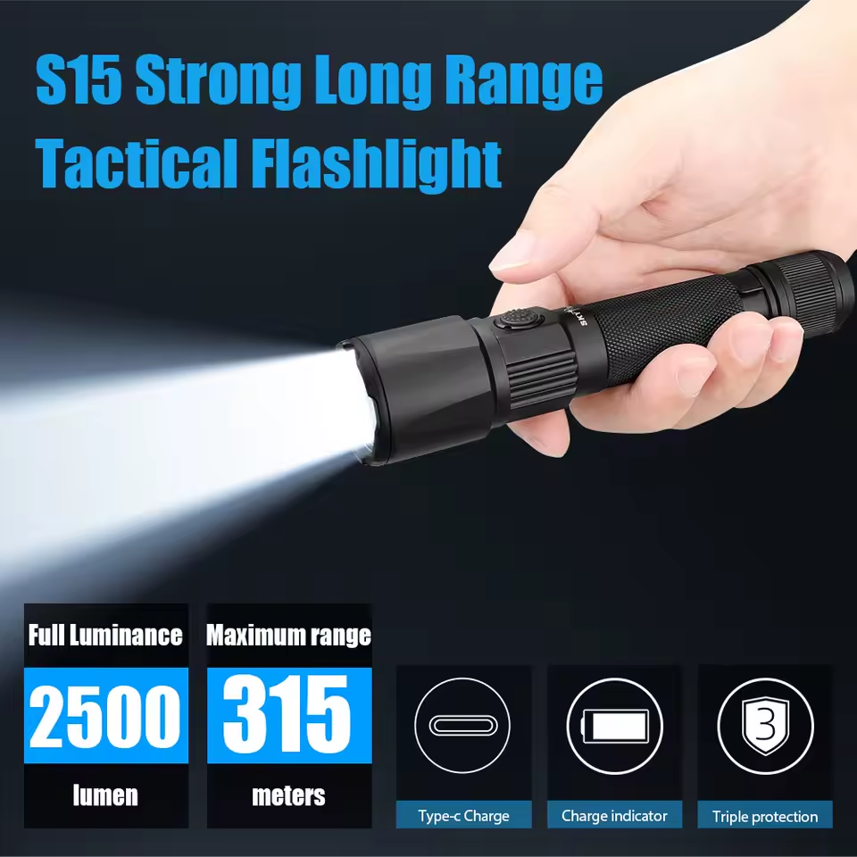 SKYRAY S15 Army Tactical Flashlight 2500 lumen Type-C Rechargeable Torch Military Lamp Led Flashlight High Power Self Defense