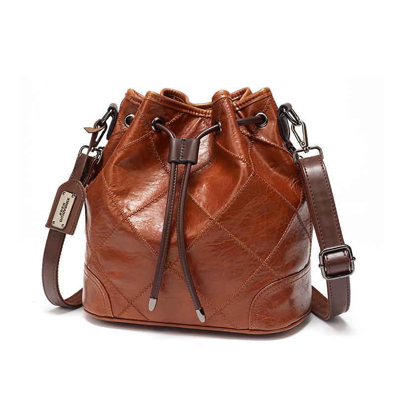 Retro Fashion Shoulder Slung Large Capacity Cable Embroidered Plaid Bucket mySite