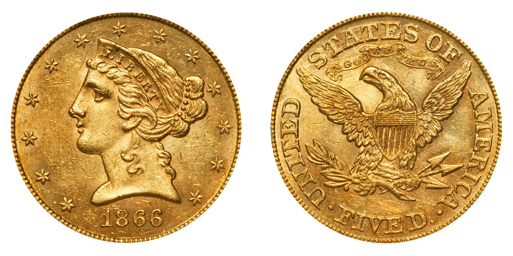 1850-1866 Liberty Head $5 Half Eagle Gold Coin Fine Uncirculated Limited Edition