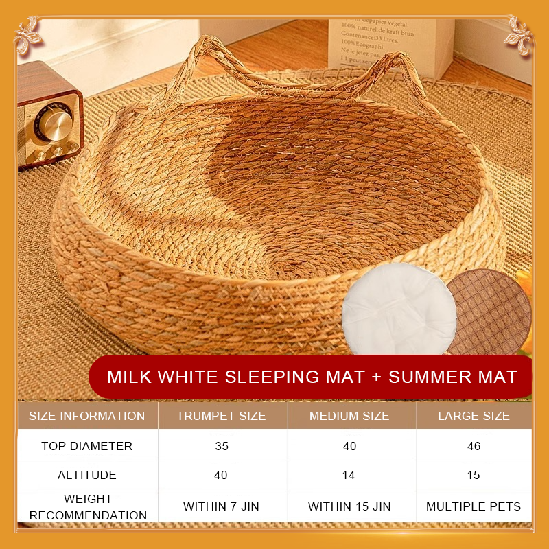 Rattan Cat Ear Nest + Milky White Cotton Cushion + Summer Sleeping Mat (Medium)