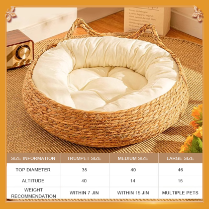Rattan Cat Ear Nest + Milk White Cotton Pad + Pillow (Small)