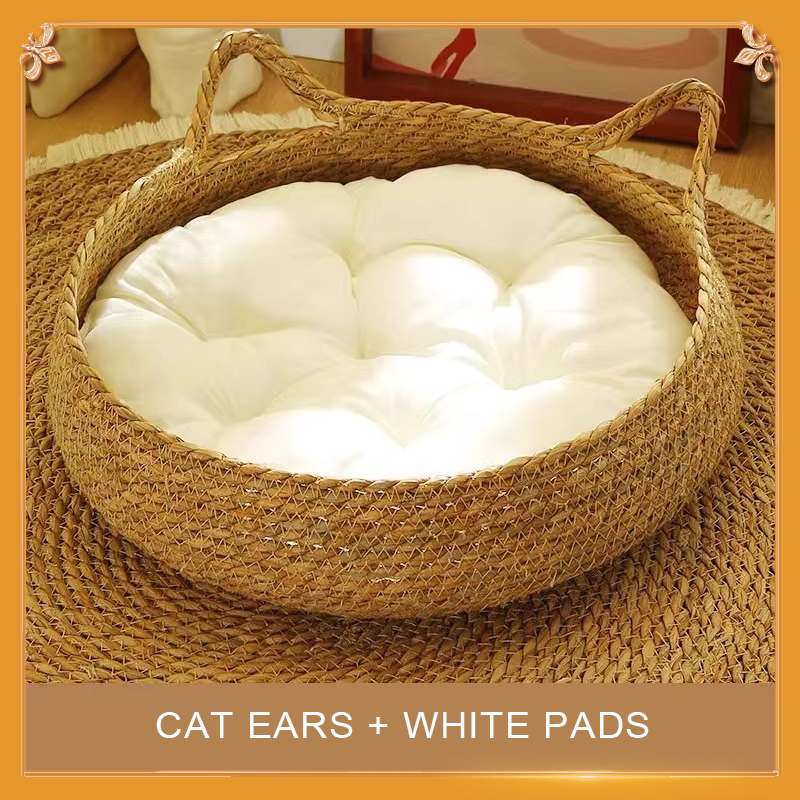 Rattan Cat Ear Nest + Milky White Cotton Cushion (Small)
