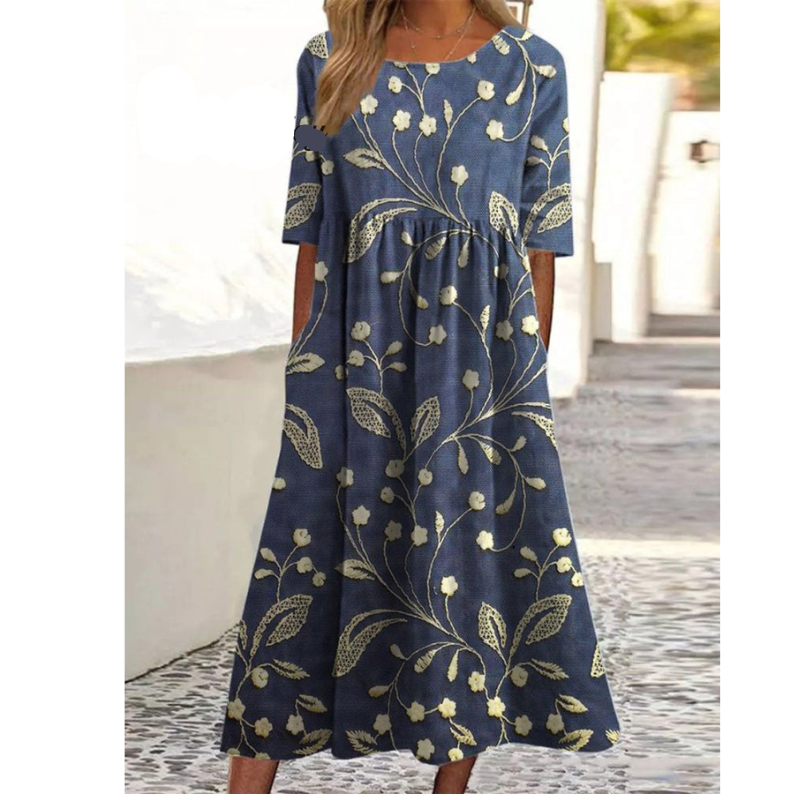 Women's Vintage Floral Art Print Pocket Cotton Dress