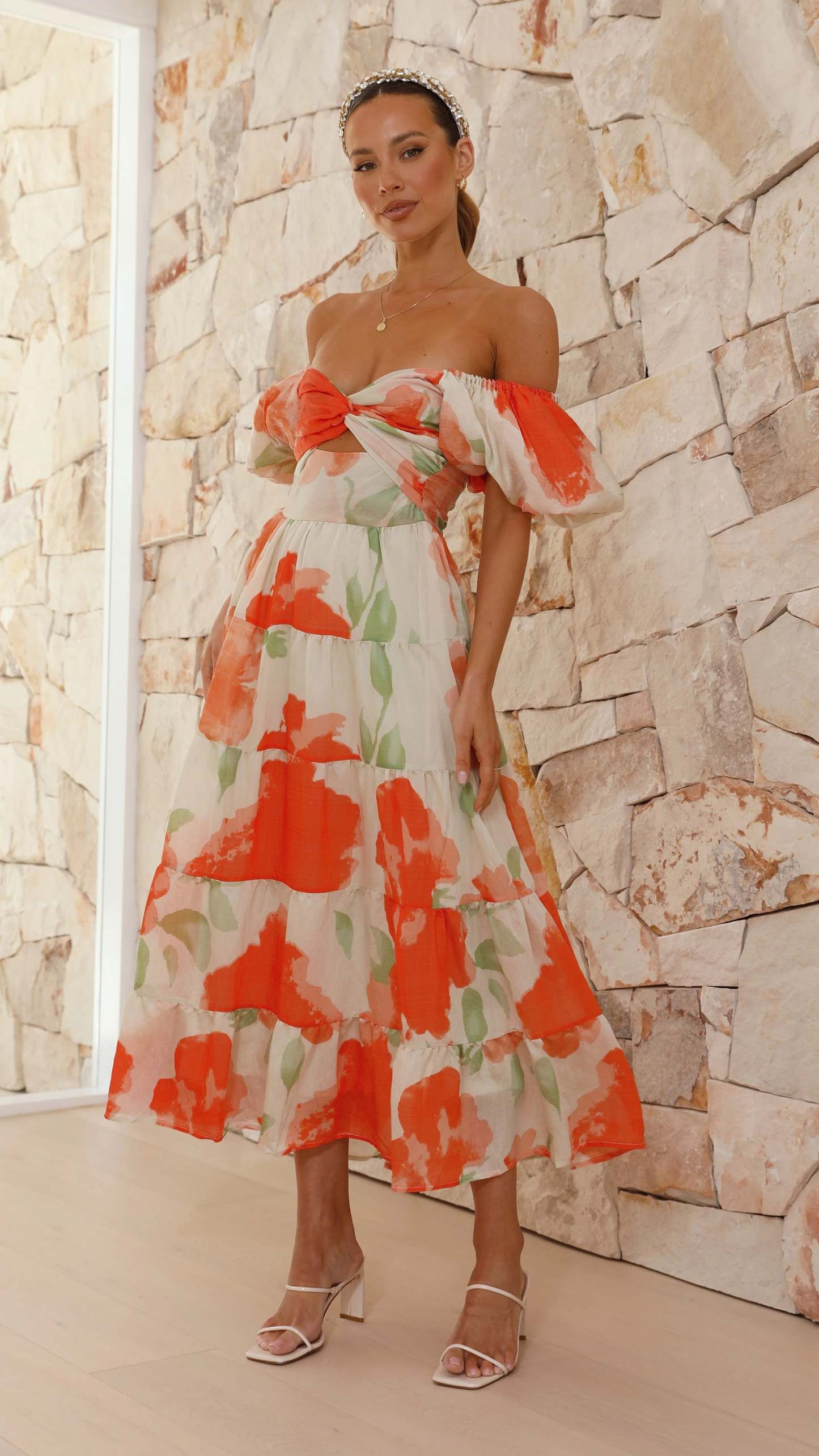 Printed Bubble Sleeve  Dress