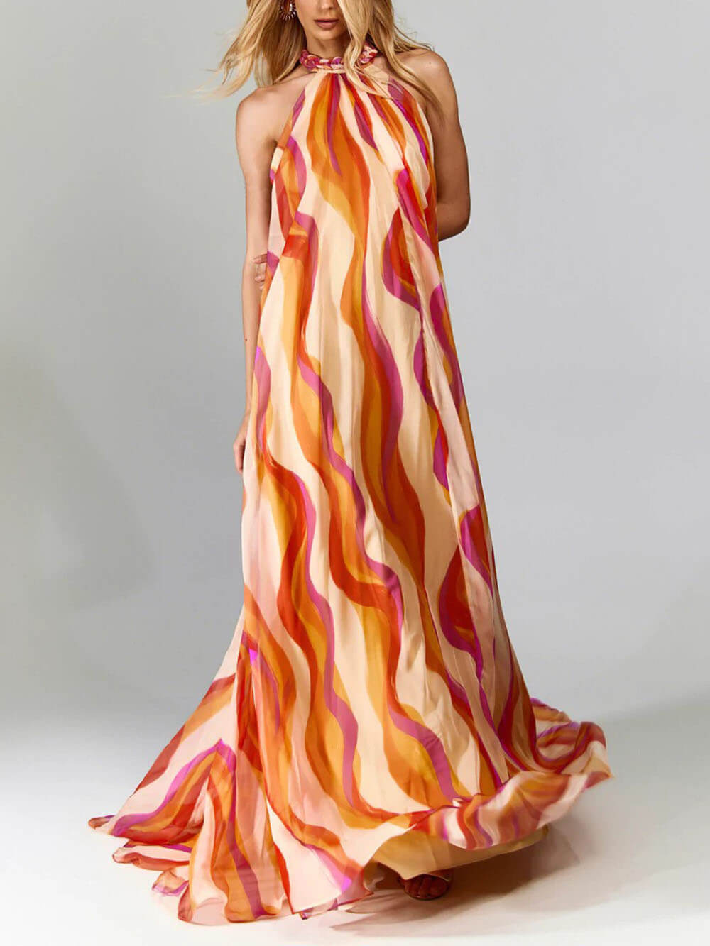 Elegant Braided Halterneck Wave Print Dress