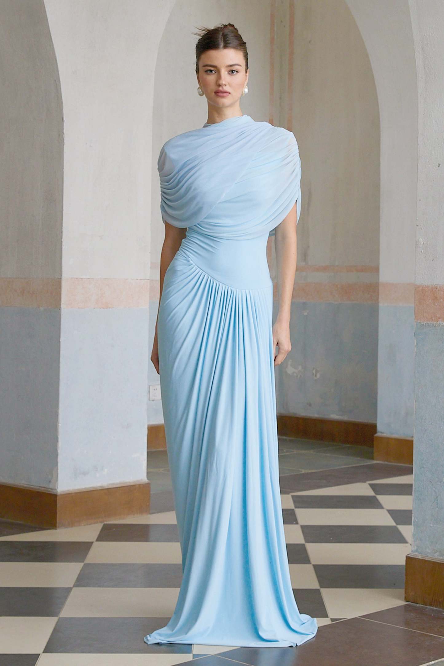 Catherine asymmetrical pleated maxi dress in Baby-blue