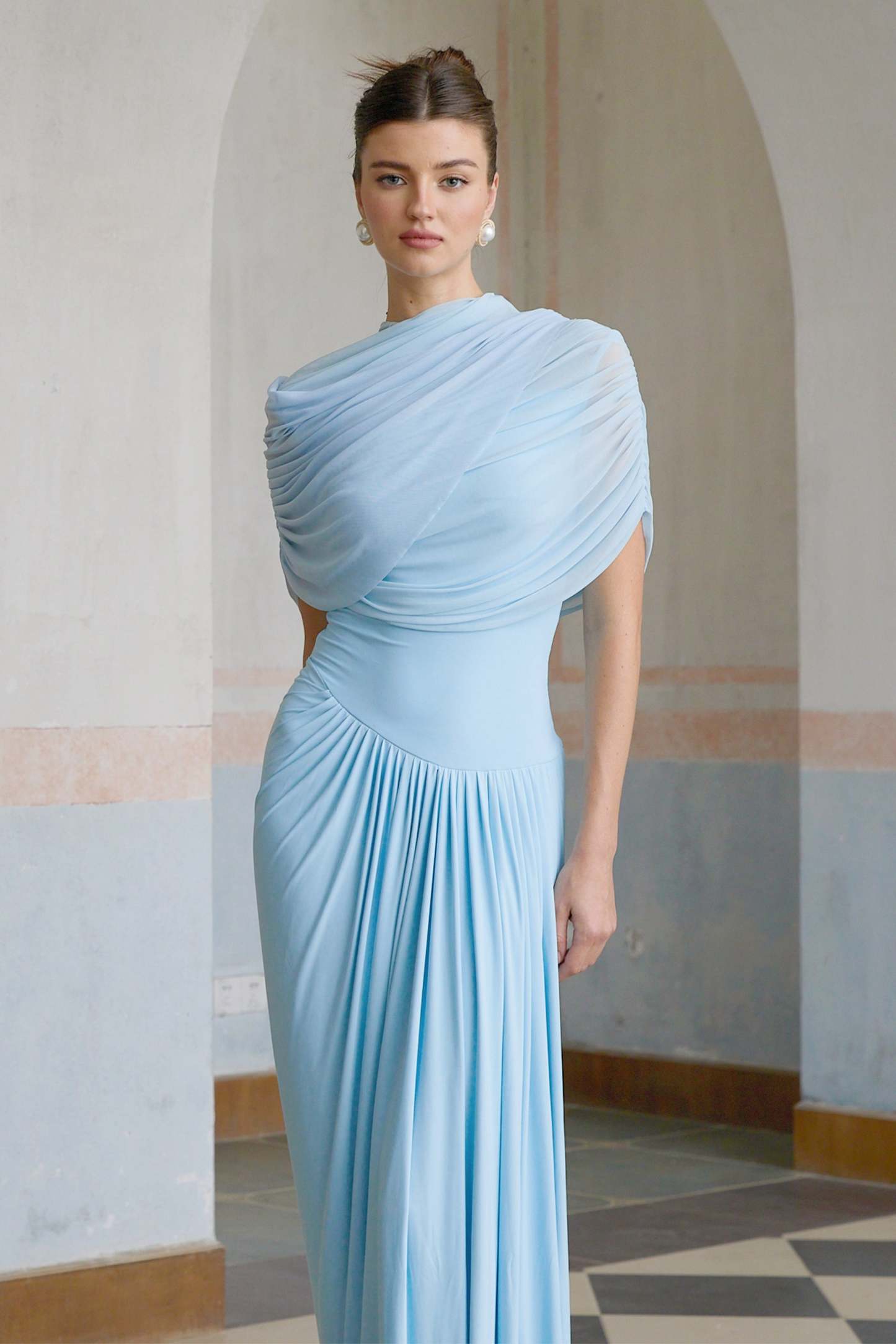 Catherine asymmetrical pleated maxi dress in Baby-blue