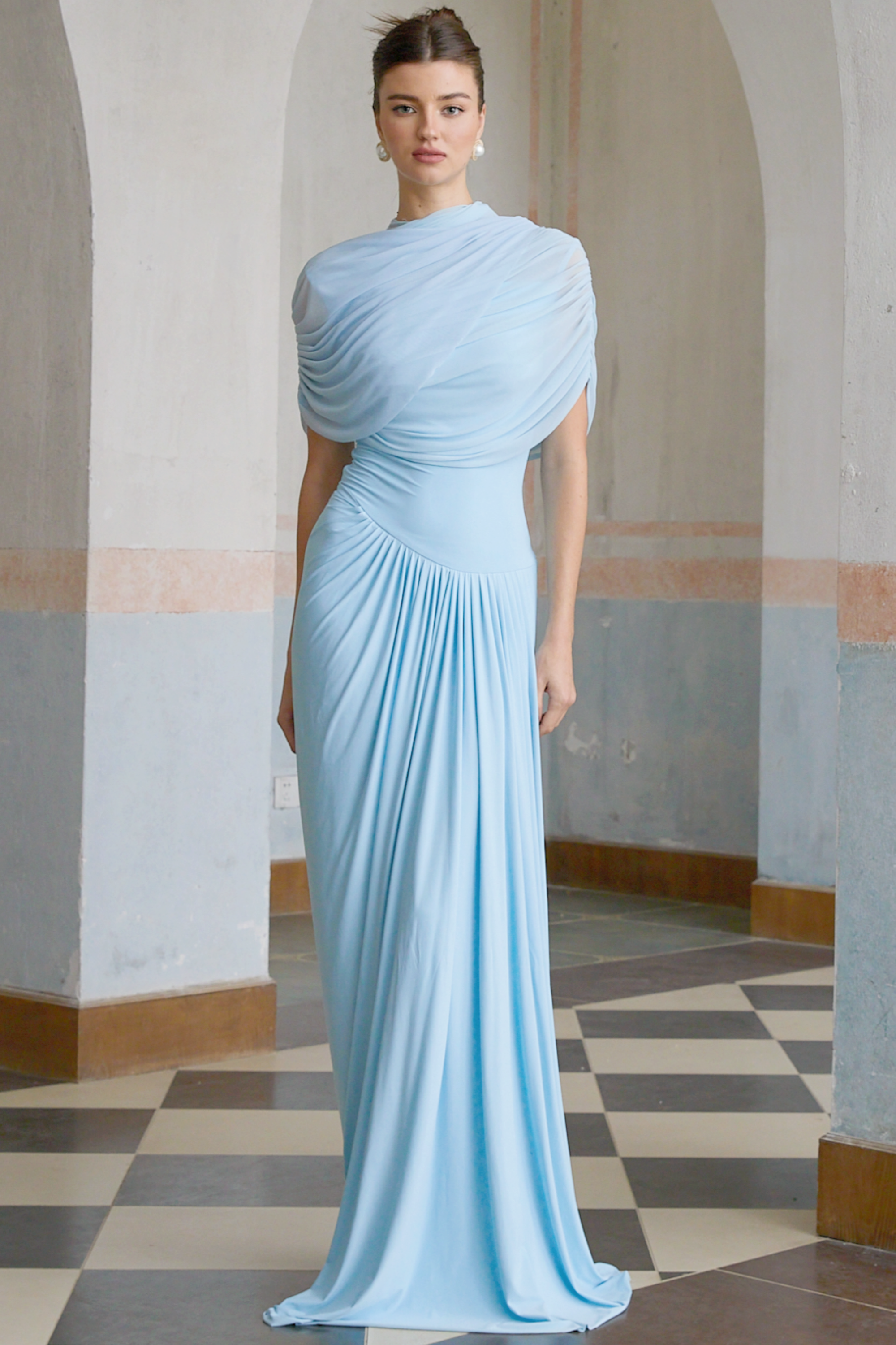 Catherine asymmetrical pleated maxi dress in Baby-blue