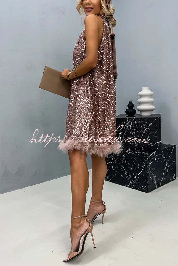 It's Time To Dance Sequin Feather Trim Halter Babydoll Mini Dress
