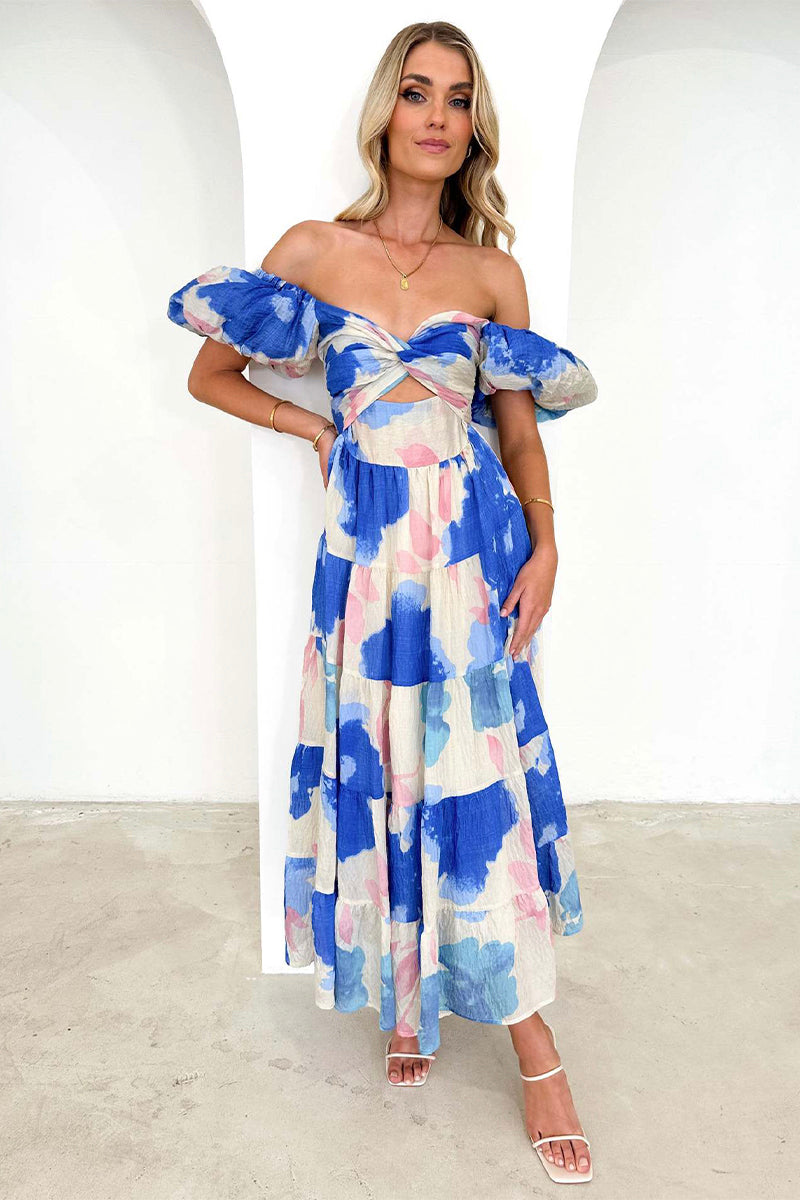 Printed Bubble Sleeve  Dress