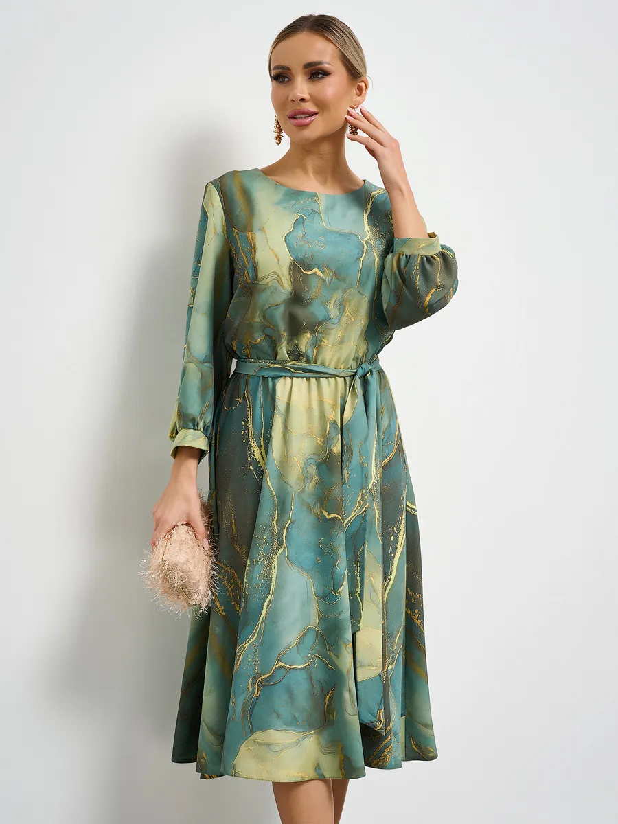 Printed Waisted French Long Sleeve Dress
