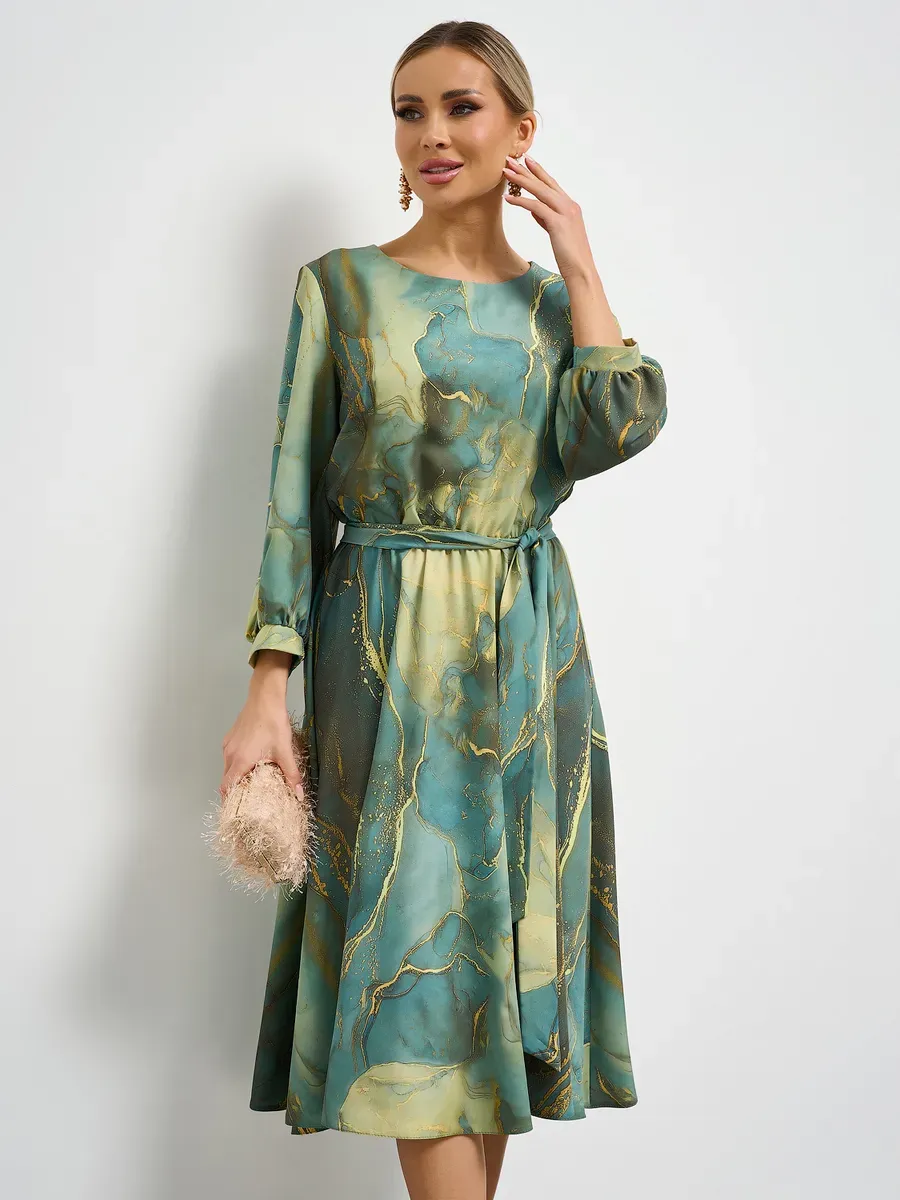 Printed Waisted French Long Sleeve Dress