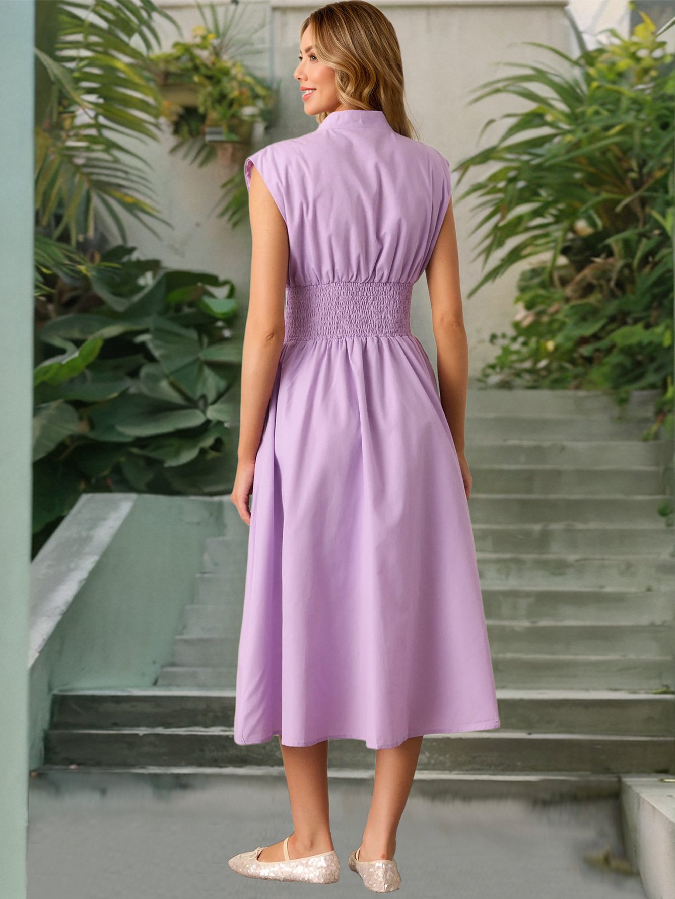 Women's Summer Smocked Midi Sundress – V-Neck Zipper Dress 