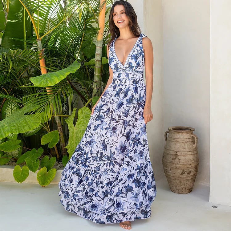 V Neck Ruffle Lace Up Printed One Piece Swimsuit and Skirt