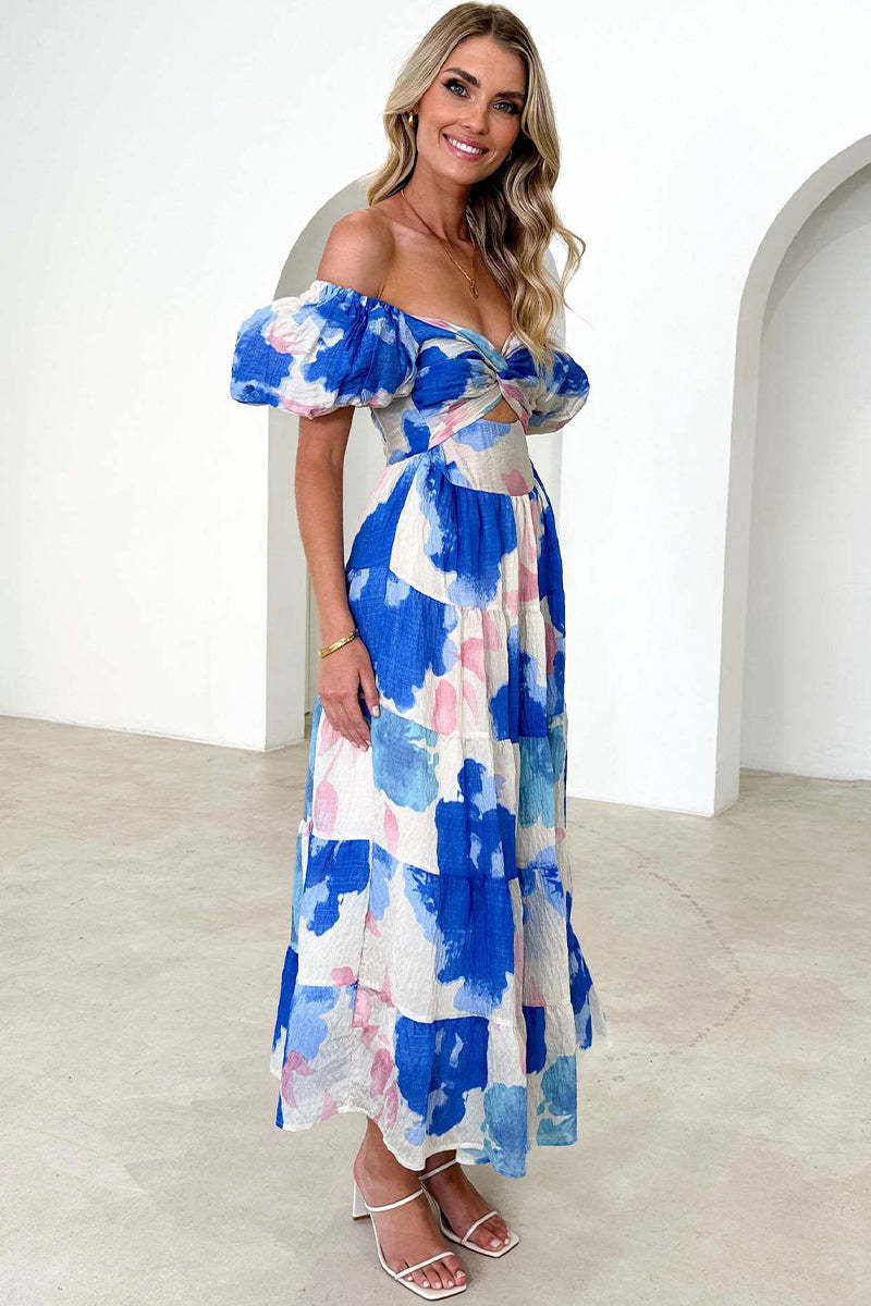 Printed Bubble Sleeve  Dress