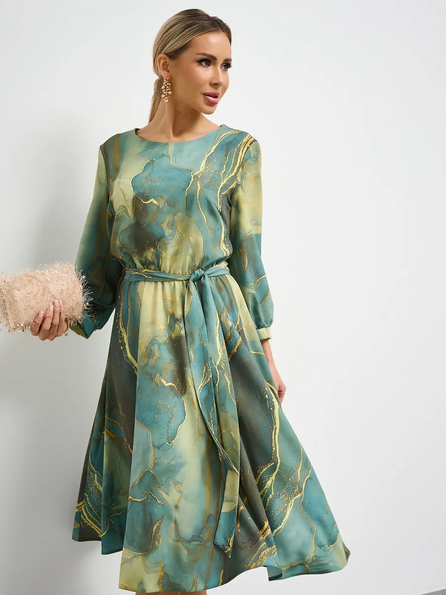 Printed Waisted French Long Sleeve Dress