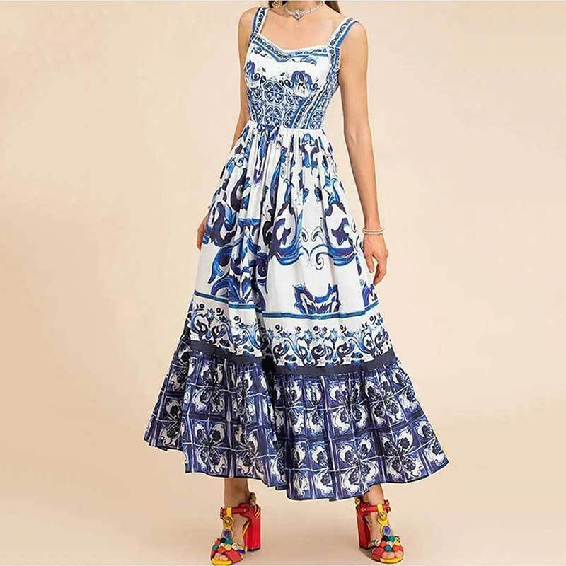 Mediterranean Italian Maiolica Pattern Maxi Dress