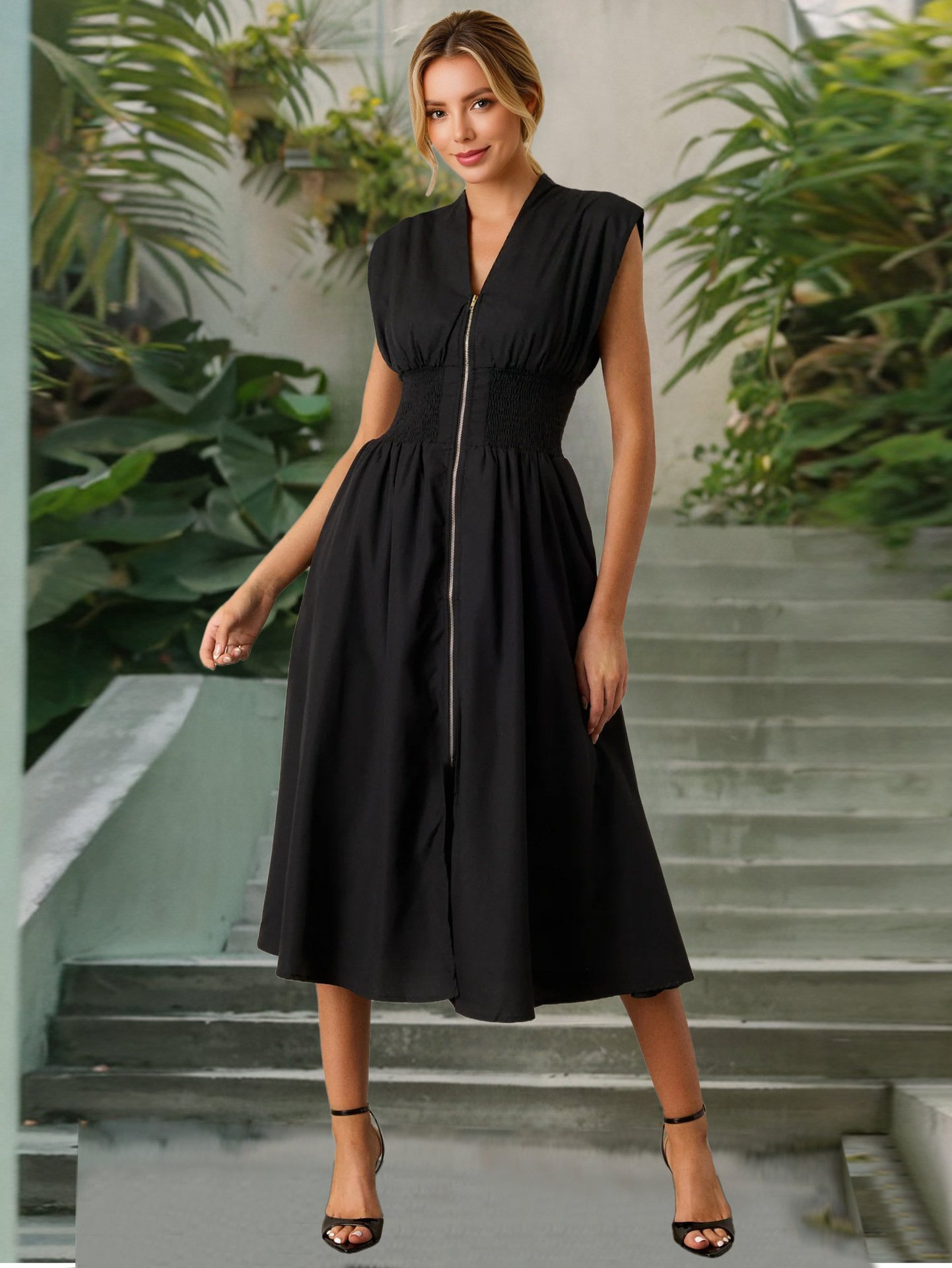 Women's Summer Smocked Midi Sundress – V-Neck Zipper Dress 