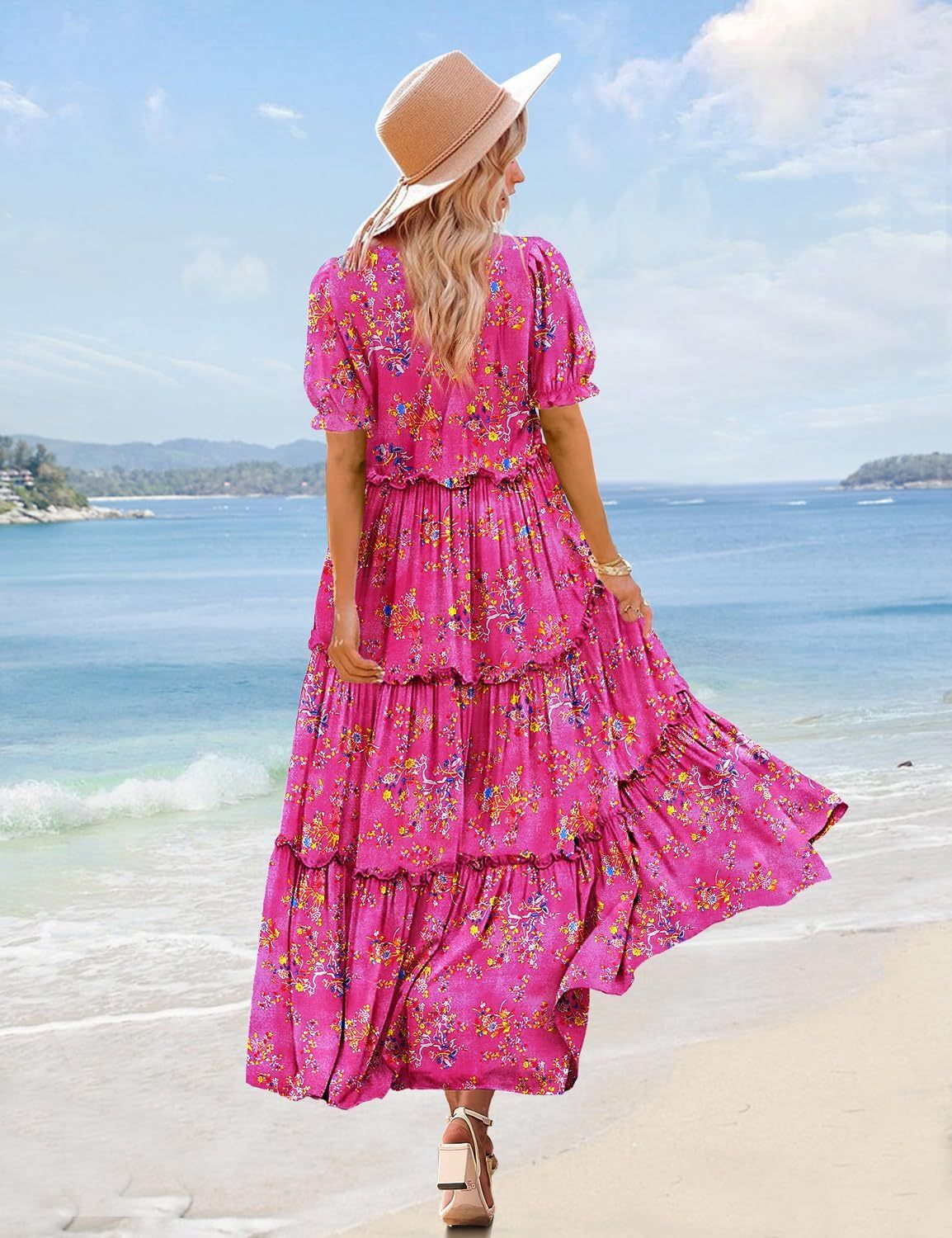 Summer Casual Bohemian Floral Dresses for Women Puff Short Sleeve Long Maxi Dress