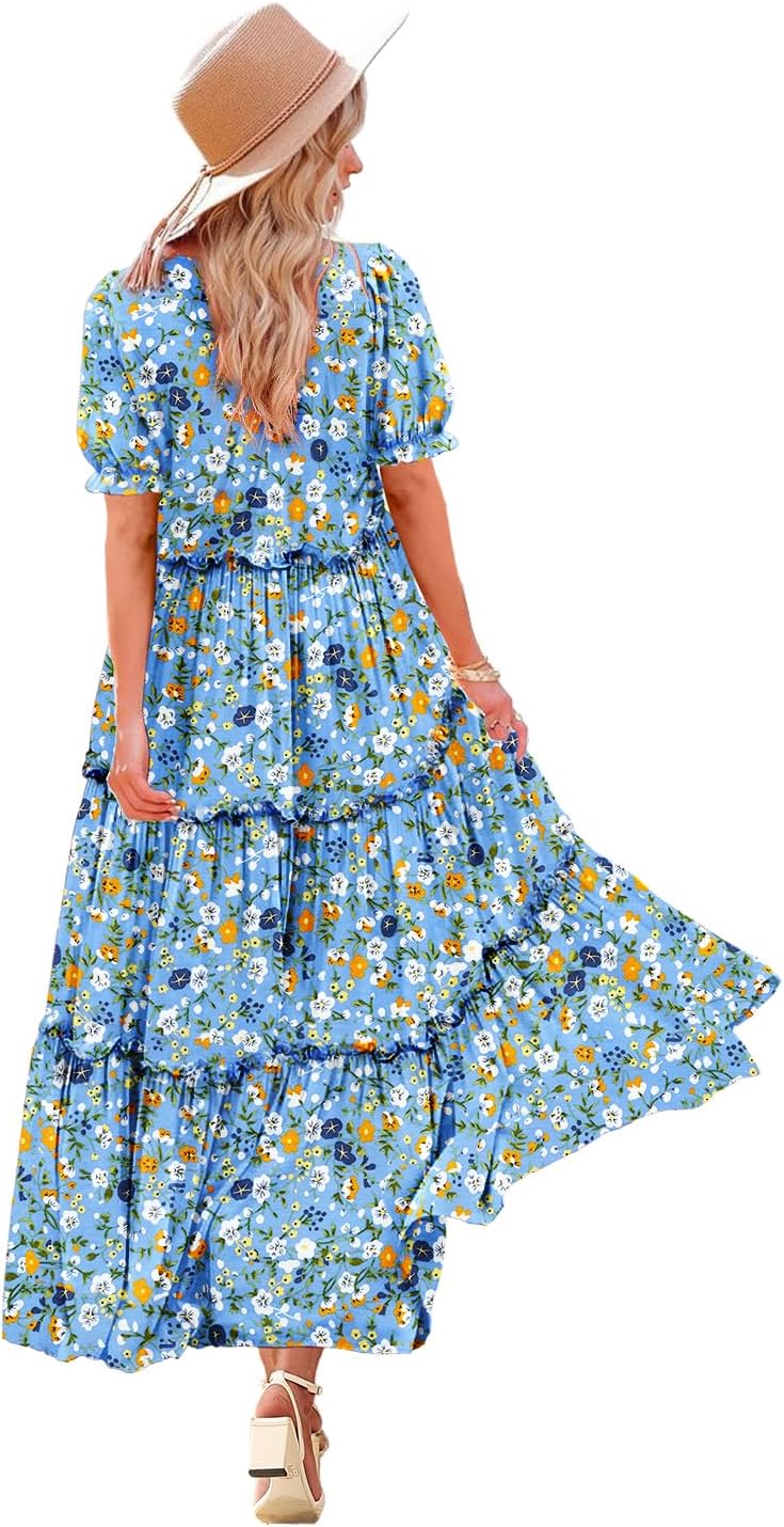Summer Casual Bohemian Floral Dresses for Women Puff Short Sleeve
