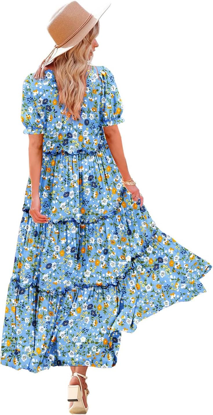 Summer Casual Bohemian Floral Dresses for Women Puff Short Sleeve Long Maxi Dress