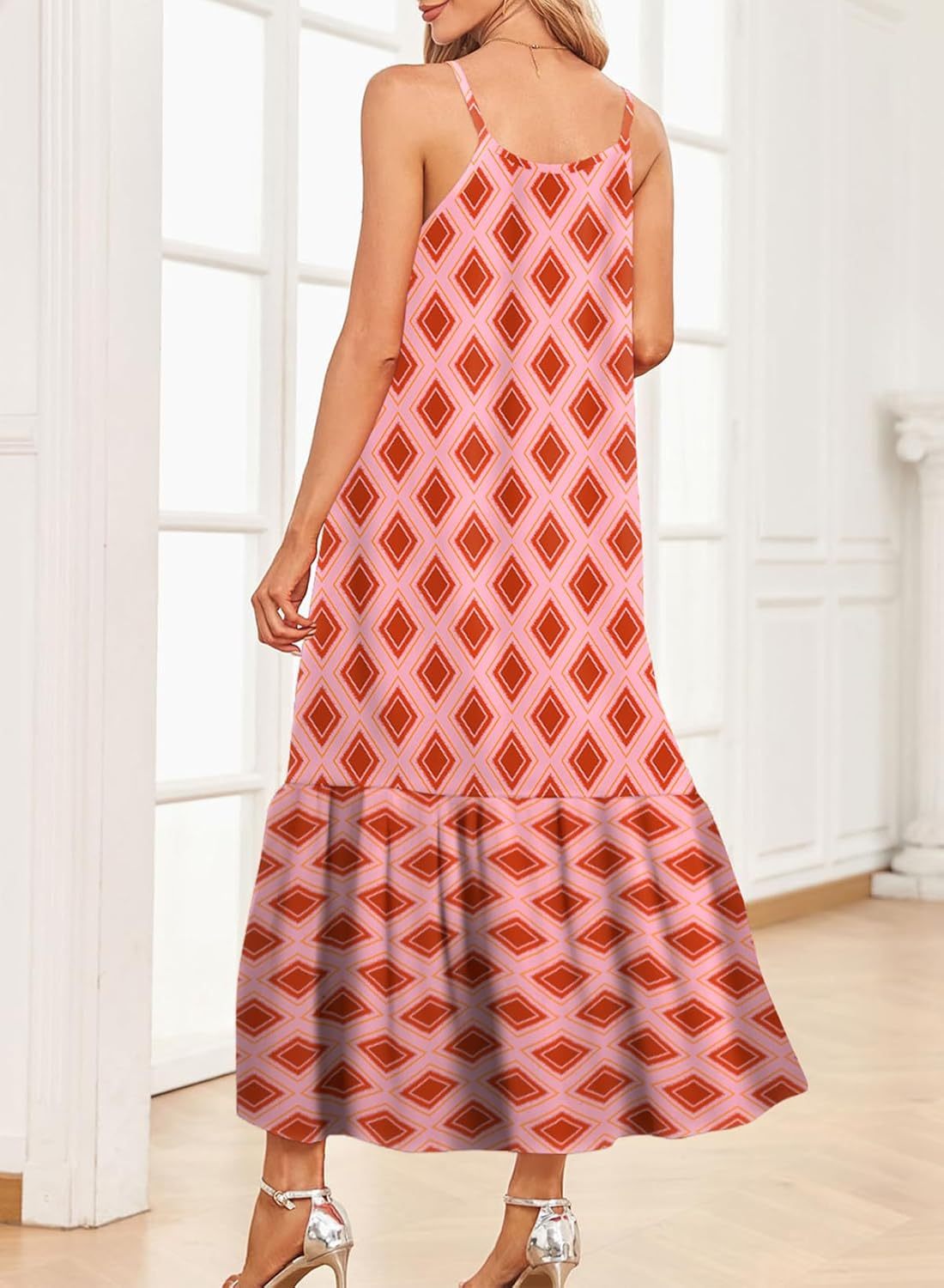  Spaghetti Strap Scoop Neck Smocked Ruffle Flowy Boho  Dress